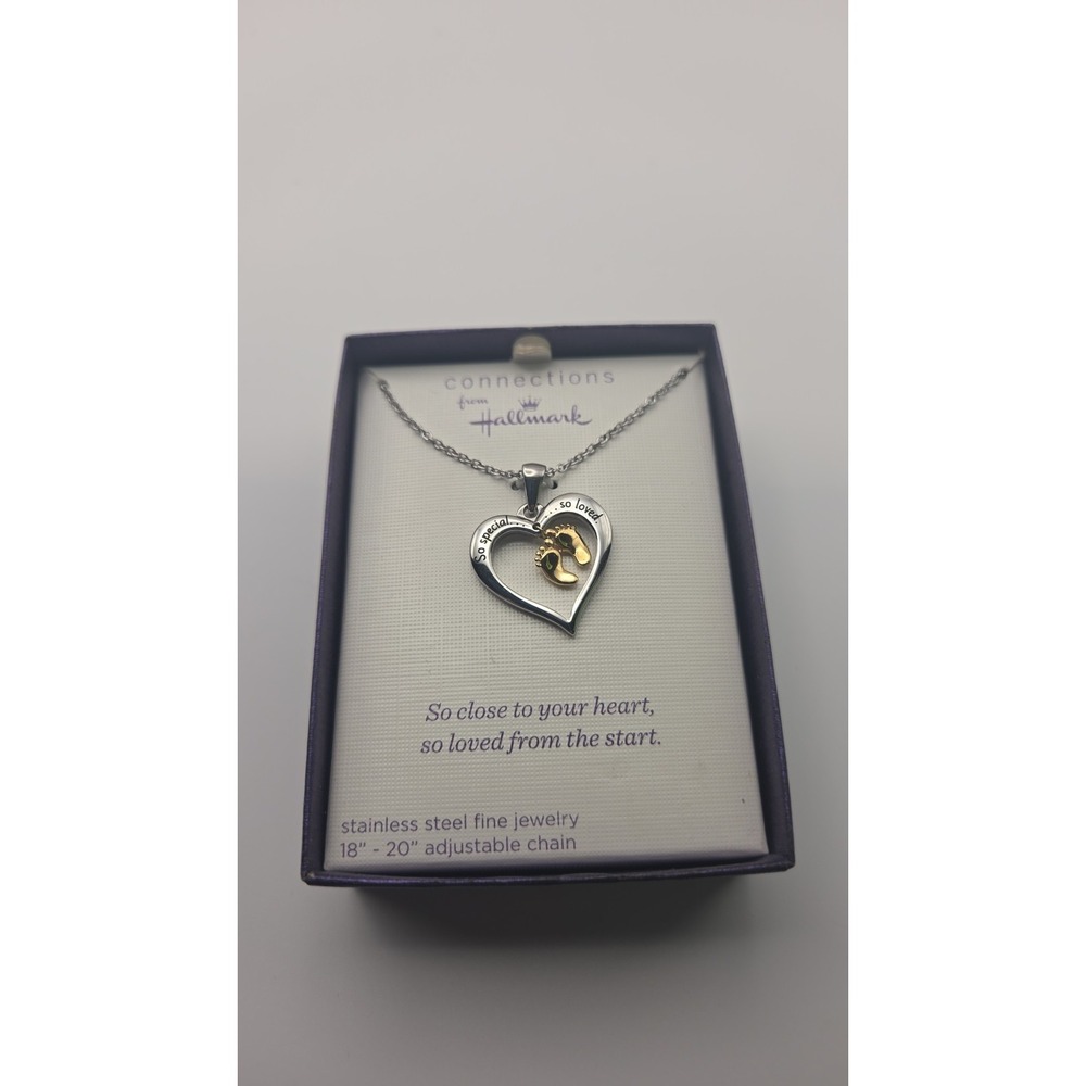 Connections from Hallmark Heart Baby Footprints Pendant Necklace Stainless Steel